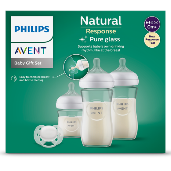 Сет серия Natural Response стъкло - бутилки и залъгалки Avent Годен до 11.2026г.