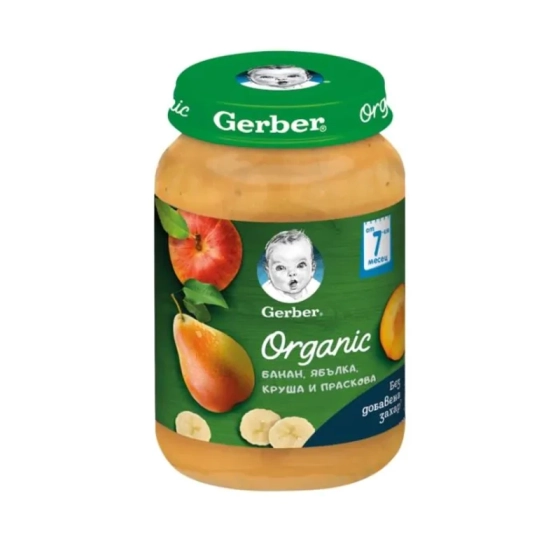 Gerber Organic Храна за бебета Пюре от банан, ябълка, круша и праскова от 7-ия месец 190g Годен до: 30/06/2026