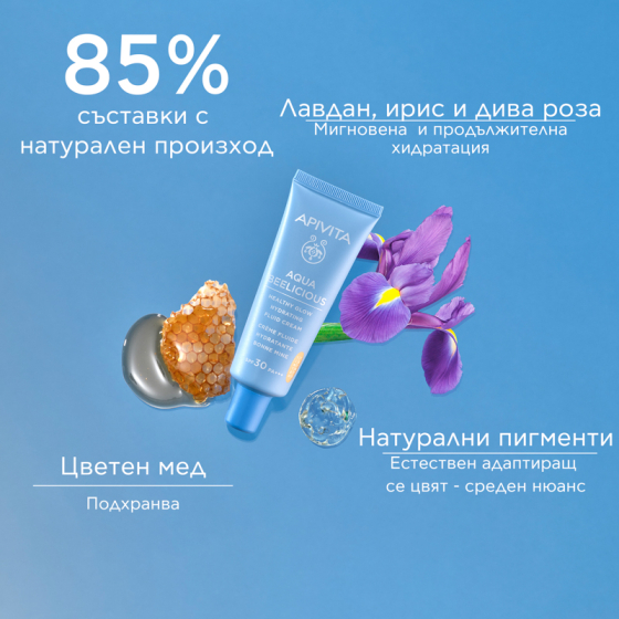 Apivita aqua beelicious тониран хидратиращ озаряващ флуид за лице SPF30 40мл
