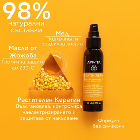 Apivita Keratin Repair Подхранващо и възстановяващо олио за суха и увредена коса 100мл