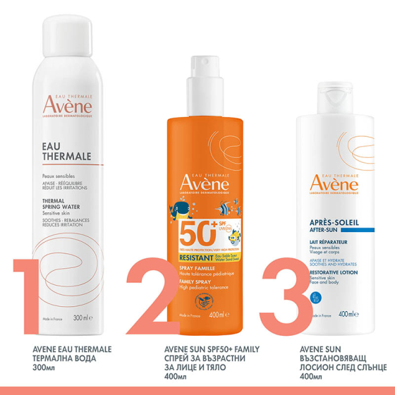 Avene Family Слънцезащитен спрей за възрастни за лице и тяло SPF50+ 400мл