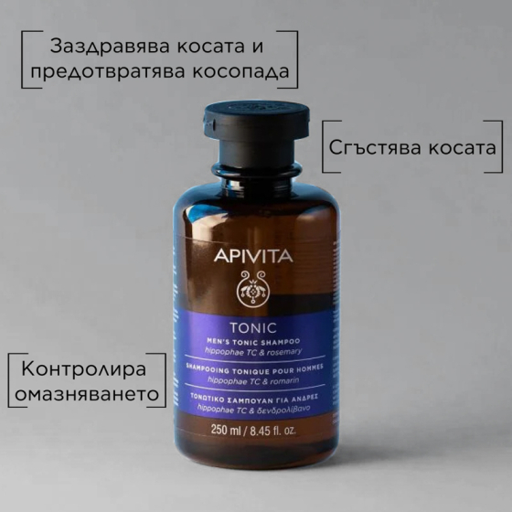 Apivita men’s tonic shampoo тоник-шампоан за мъже с hippophae tc и розмарин за тънка коса 250ml
