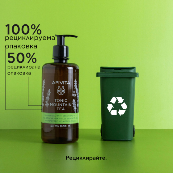 Apivita tonic нежен почистващ и тонизиращ душ гел с планински чай и етерични масла 500ml