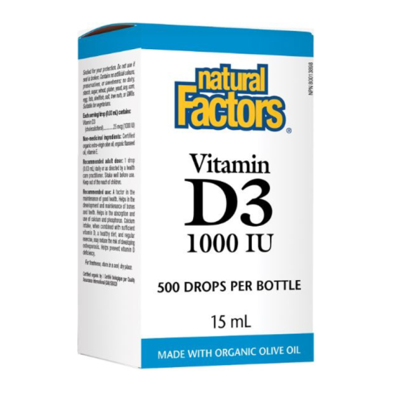 Витамин D3 1000IU (течен) 15мл в подкрепа на костите и имунитета Natural Factors