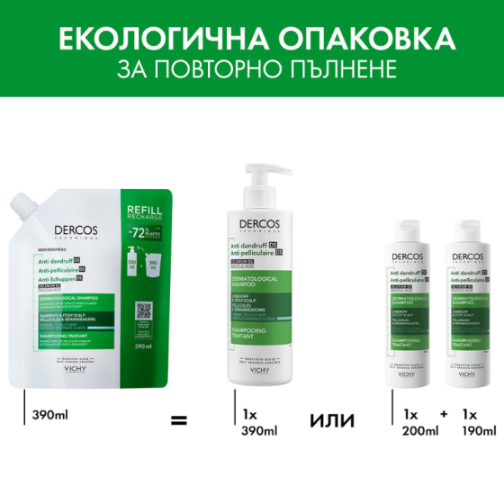 Vichy Dercos DS Третиращ шампоан против пърхот за нормална до мазна коса рефил 390мл 902830