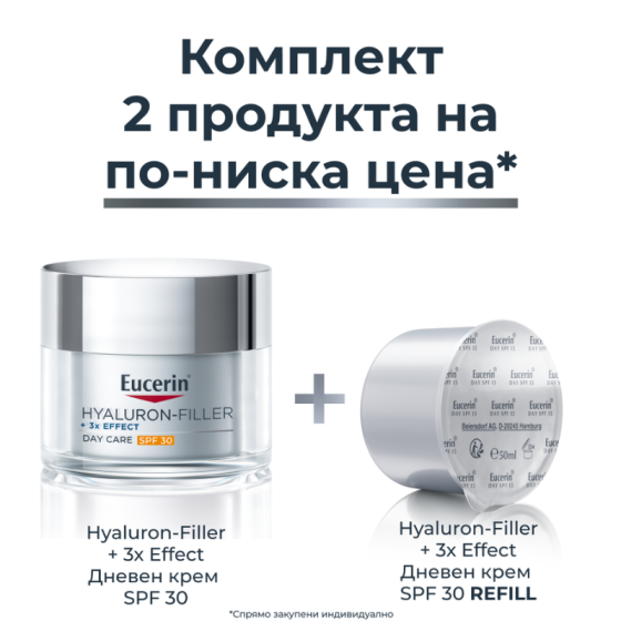 Комплект Eucerin Hyaluron-Filler Дневен крем SPF30 50мл + Дневен крем SPF30 Рефил 50мл