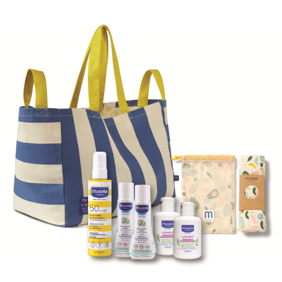Комплект Mustela Слънцезащита за ц.сем.-Спрей SPF50 200мл + 4бр мини продукти +Чанта за плаж +Кърпа