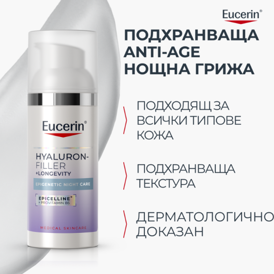 Eucerin Hyaluron-Filler + Longevity Epigenetic Нощна грижа 50мл