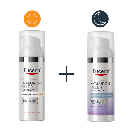 Комплект Eucerin Hyaluron-Filler + Longevity Дневна грижа SPF30 50мл + Нощна грижа 50мл + несесер