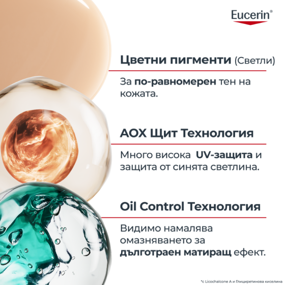 Eucerin oil control оцветен слънцезащитен гел-крем за лице spf50+ светъл, 50мл