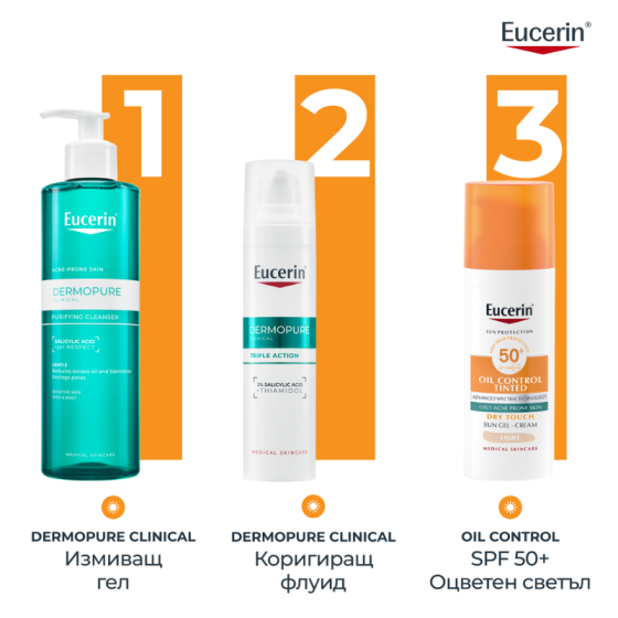 Eucerin oil control оцветен слънцезащитен гел-крем за лице spf50+ светъл, 50мл