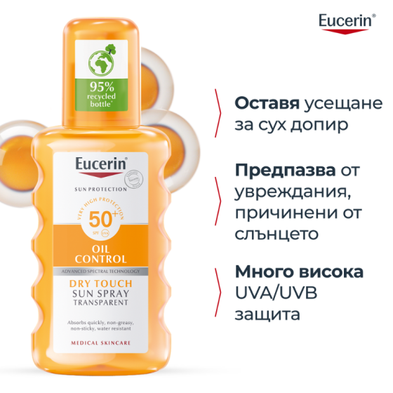 Eucerin oil control прозрачен слънцезащитен спрей spf 50 200мл