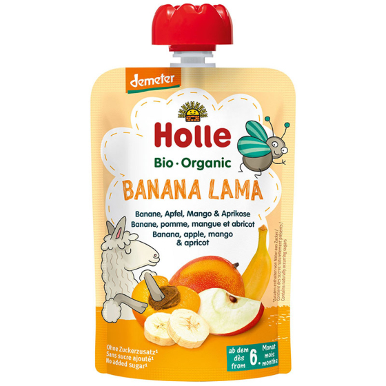 Holle Био пюре пaуч с банан, ябълка, манго и кайсия 6+ месеца 100г