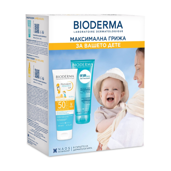 Комплект Bioderma Photoderm Pediatrics Слънцезащитно мляко SPF50+ 200мл + Abc derm Гел мусан 200мл Годен до: 31.10.2026 г.